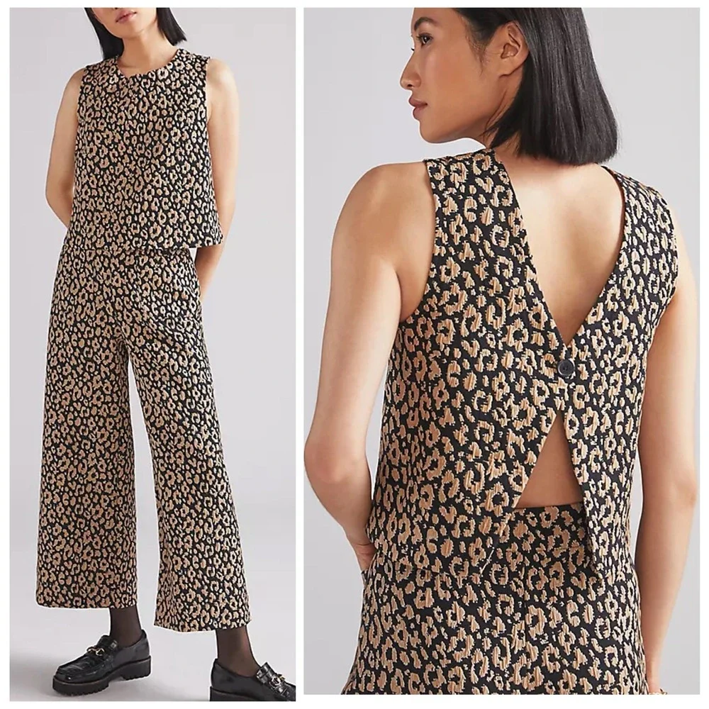 Maeve Brocade Leopard Print Wide Leg Pants & Crop Top Vest Set Women Size 2 - Picture 1 of 16